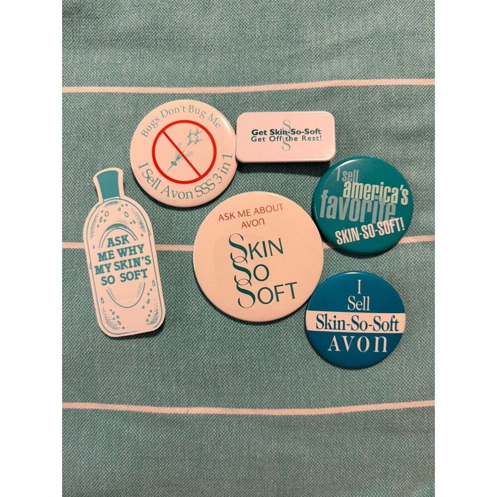 Set Of 6 Avon Collectible Button Pin “Skin-So-Soft” Pinback Button Vintage